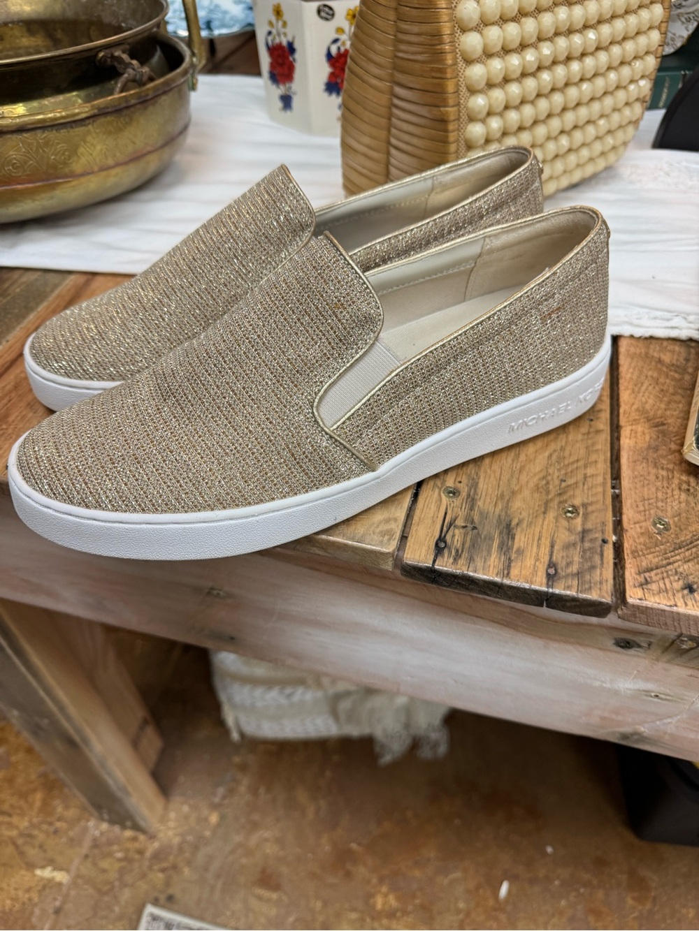 Michael Kors Keaton Gold Glitter Chain Mesh Slip-On Sneakers Size 10